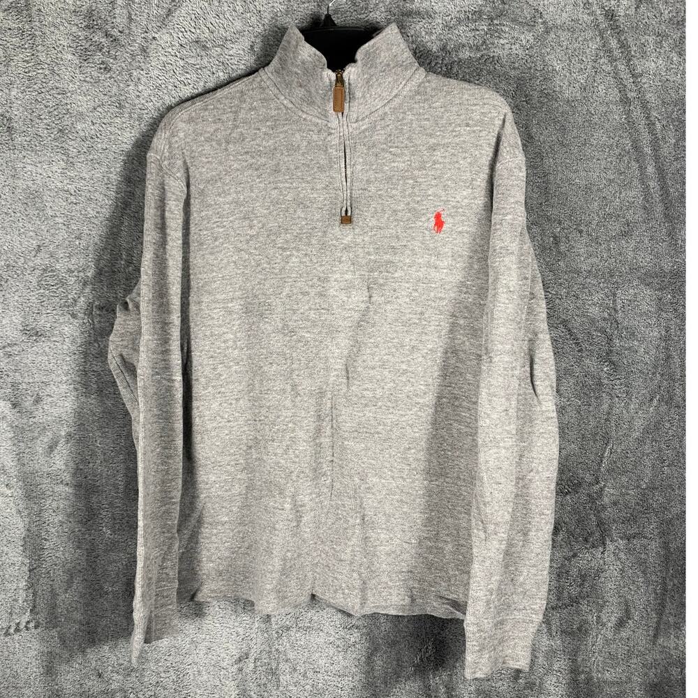 Polo Ralph Lauren Sweater Mens Large Heathered Gray 1/4 Zip Mock Neck Preppy
